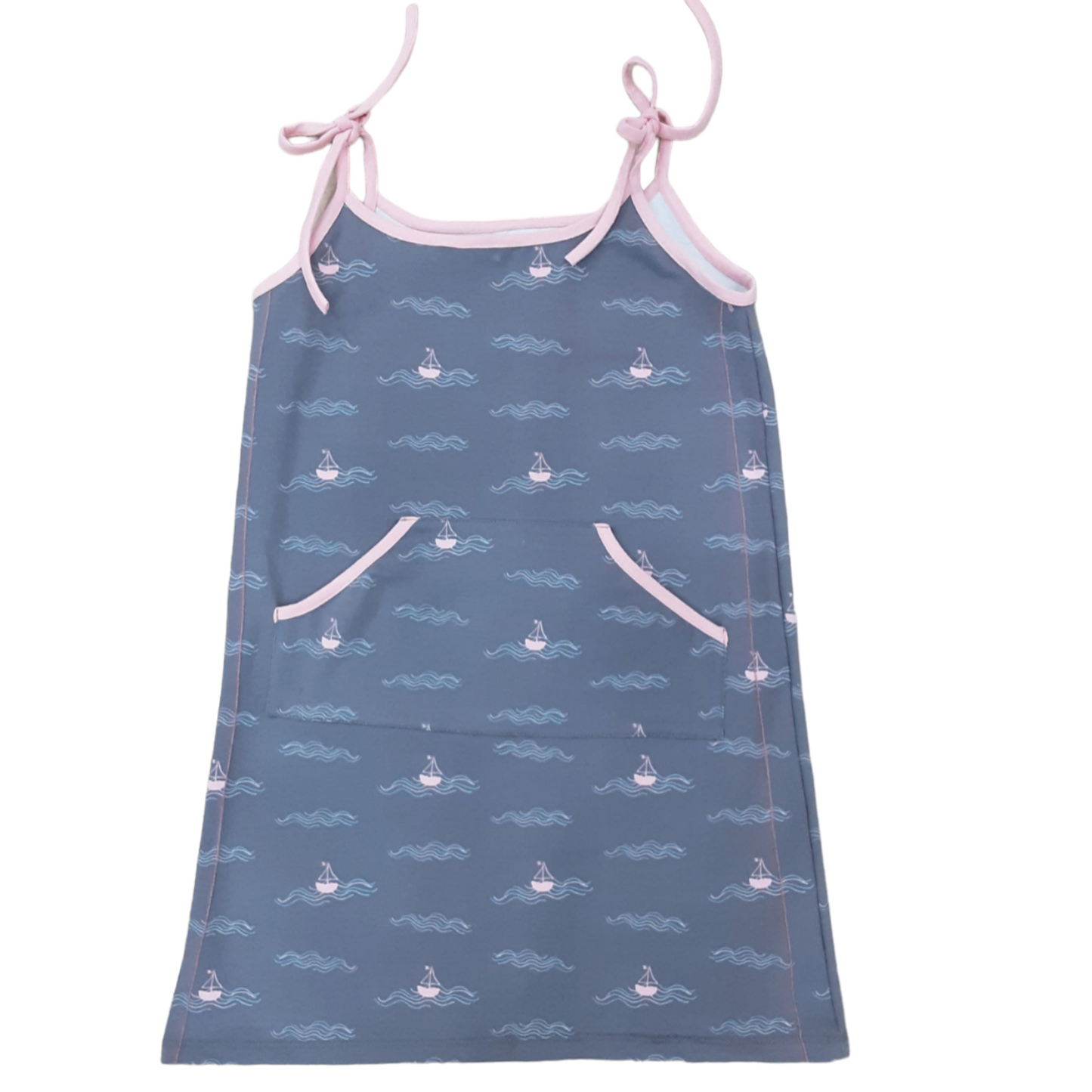 VESTIDO TIRANTES NIÑA AZUL BARCOS ROSAS.