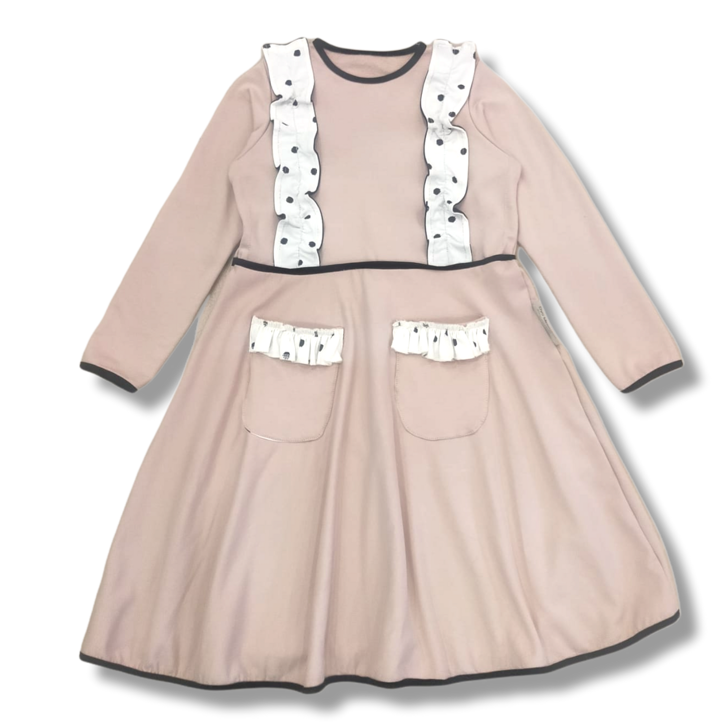 VESTIDO FELPA BEIGE CON VOLANTES EN LUNARES