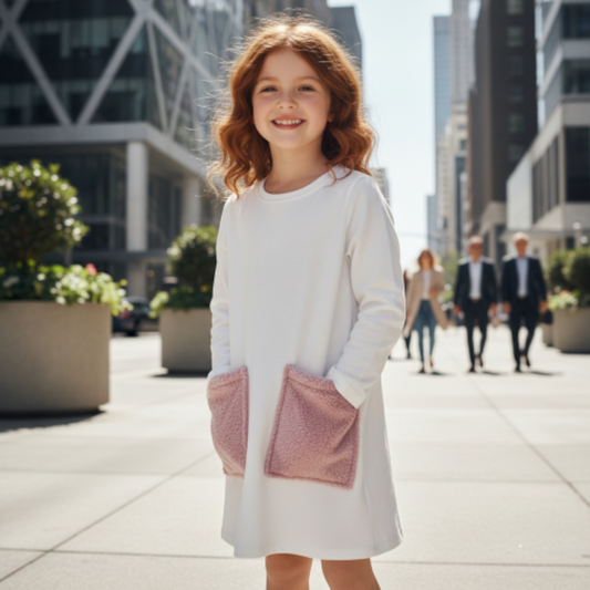 VESTIDO BLANCO FELPA BOLSILLOS ROSA